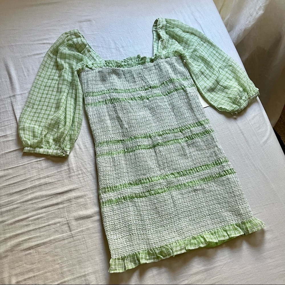 NWT Capulet sage green plaid‎ gingham ruched smocked bodice mini dress
